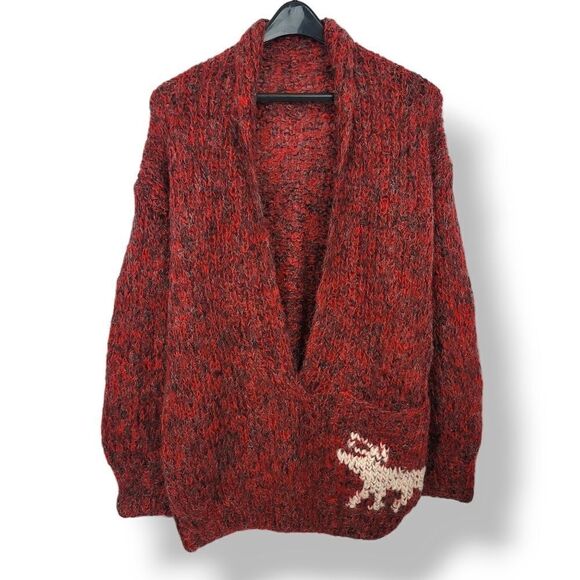 Vintage Hand Knitted Oversized V-neck Wool Knit Reindeer Sweater in Red L/XL - Picture 1 of 8